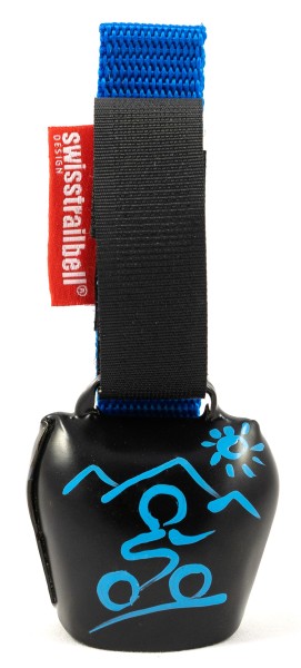 swisstrailbell® Black with blue mountain biker, light blue band
