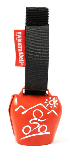 swisstrailbell® Edition red with white mountain biker, black strap