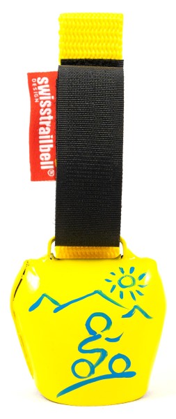 swisstrailbell® fresh color edition: yellow with blue mountain biker, yellow strap