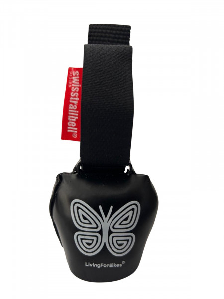 swisstrailbell® "Butterfly" Black- Fahrradklingel mit weißem Schmetterling und schwarzem Band