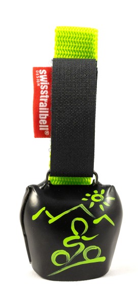 swisstrailbell® Black mit grünem Mountainbiker, grünes Band
