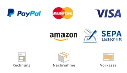 Unsere Zahlungsarten: Paypal, Kreditkarte, Amazon Pay, Nachnahme